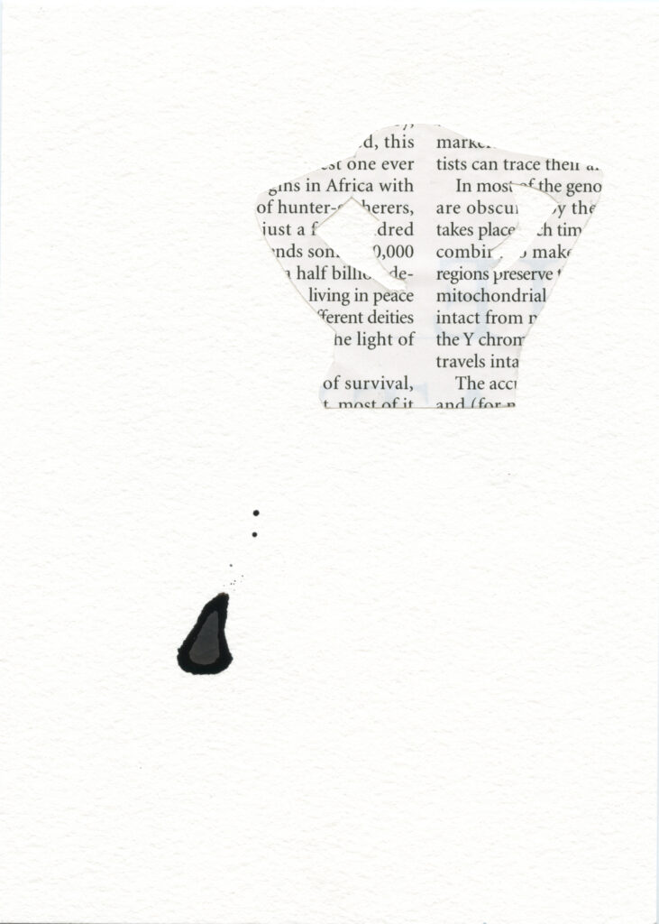 There are more than 5 stages of Grief — Work 00 Small watercolor and collage work with a torn fragment of printed text near the upper right and a dark painted droplet below.