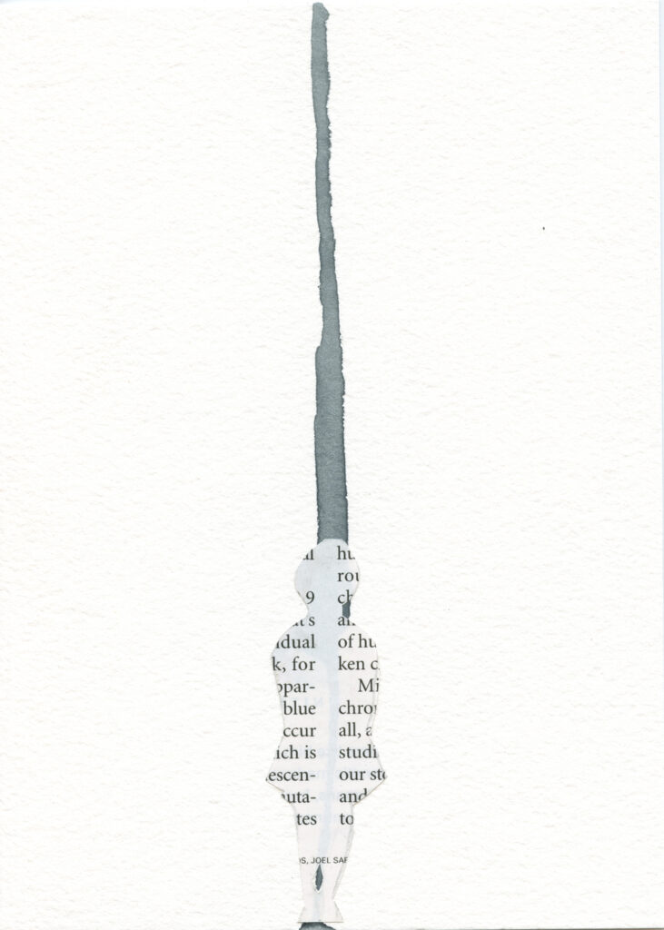 There are more than 5 stages of Grief — Work 01 Small watercolor and collage work with a long vertical gray wash meeting a narrow torn fragment of printed text.