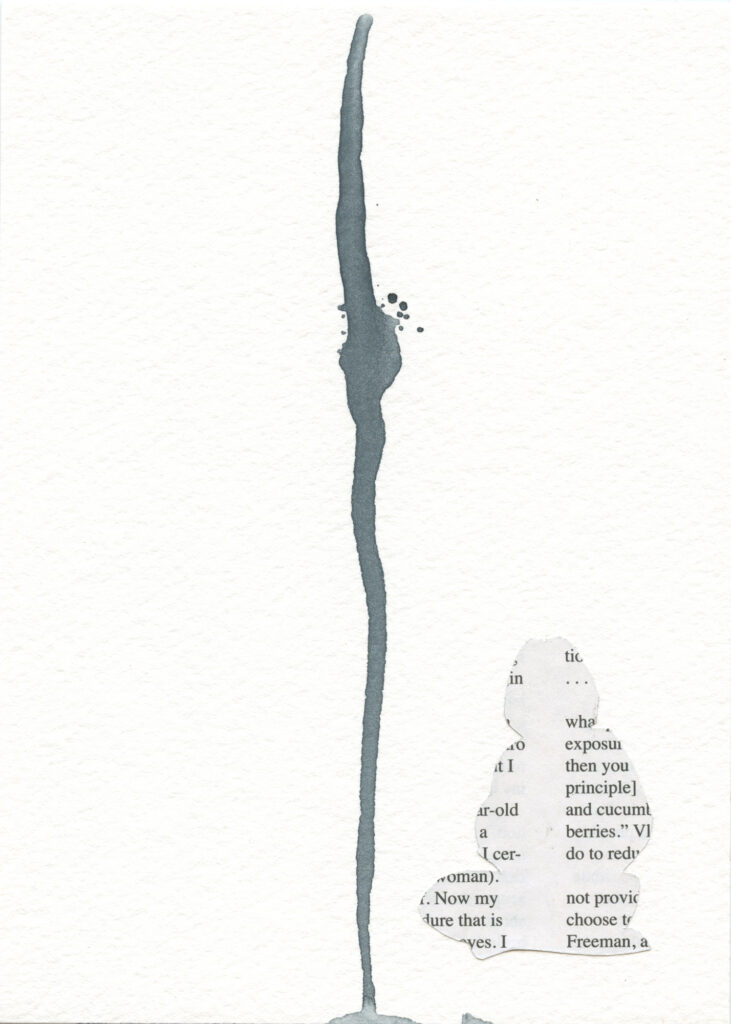 There are more than 5 stages of Grief — Work 05 Small watercolor and collage work with a long irregular gray vertical line and a torn fragment of printed text at lower right.