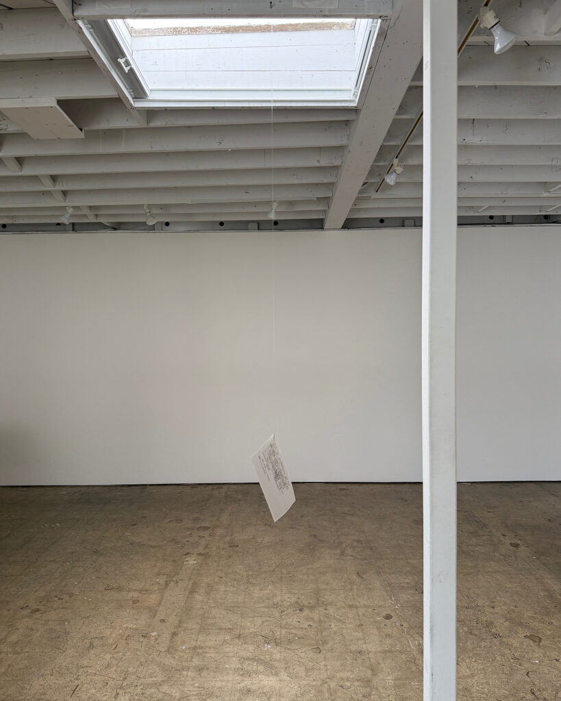 Not Valid for Identification Purposes — installation view, 2025 Not Valid for Identification Purposes suspended beneath a skylight in a gallery, with a white structural column at right.